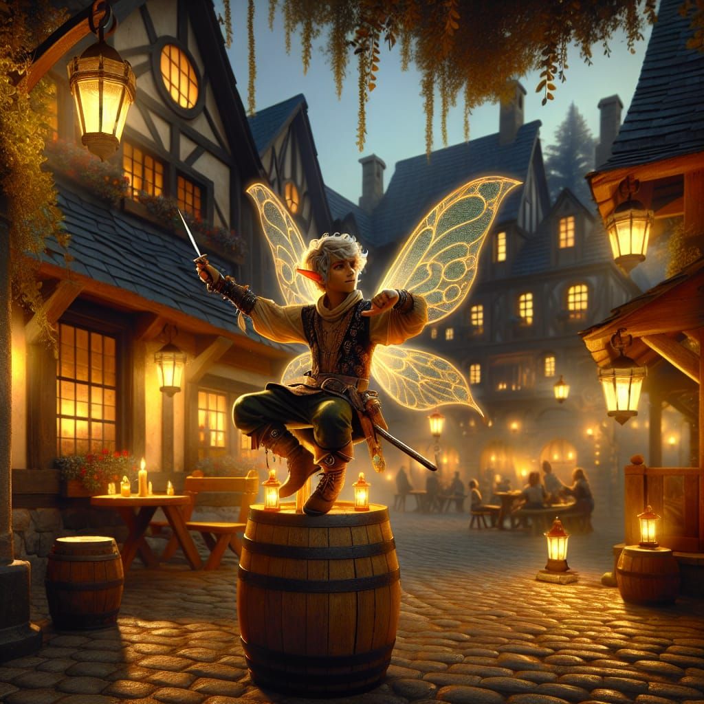 Pixie Rogue on Barrel Outside Fantasy Inn