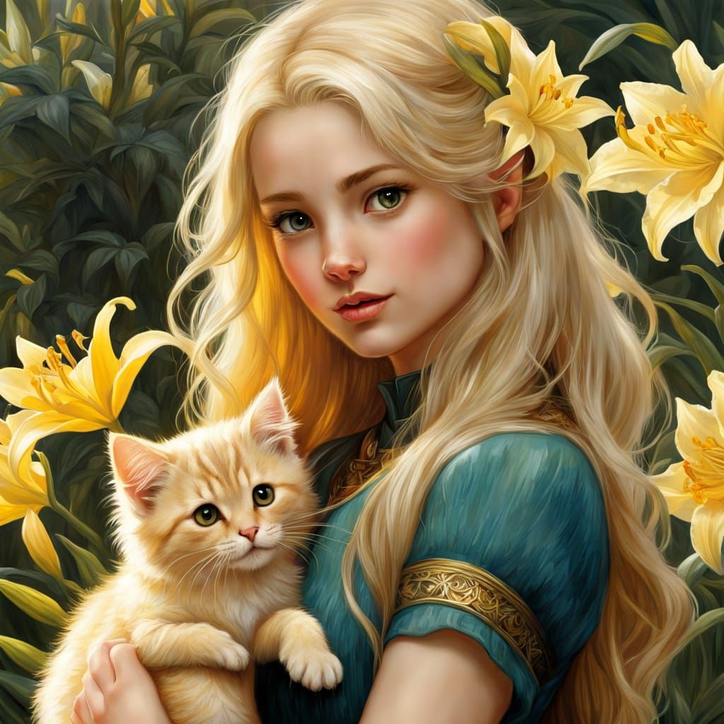 Surreal Girl with Kitten Among Vibrant Lilies