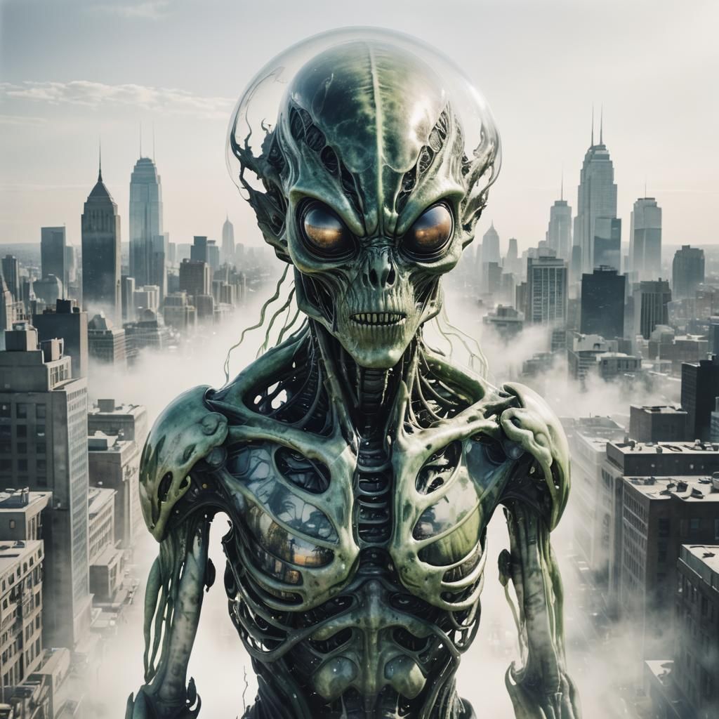 Double Exposure: Alien Creature in Dystopian Cityscape