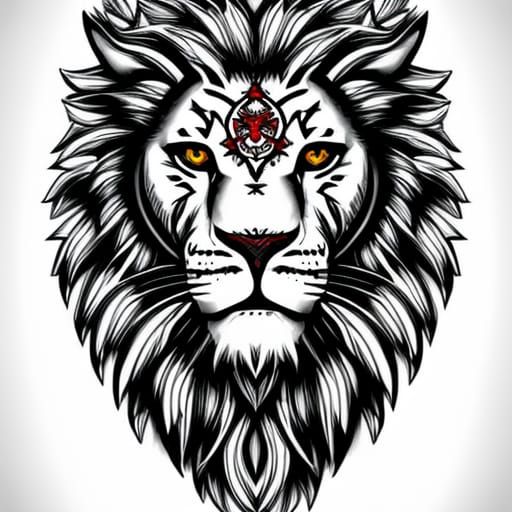 Lion Tattoo with Viking Symbol in Trash Polka Style