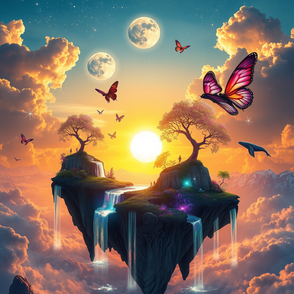 Mystical Floating Islands with Dragons and Waterfalls