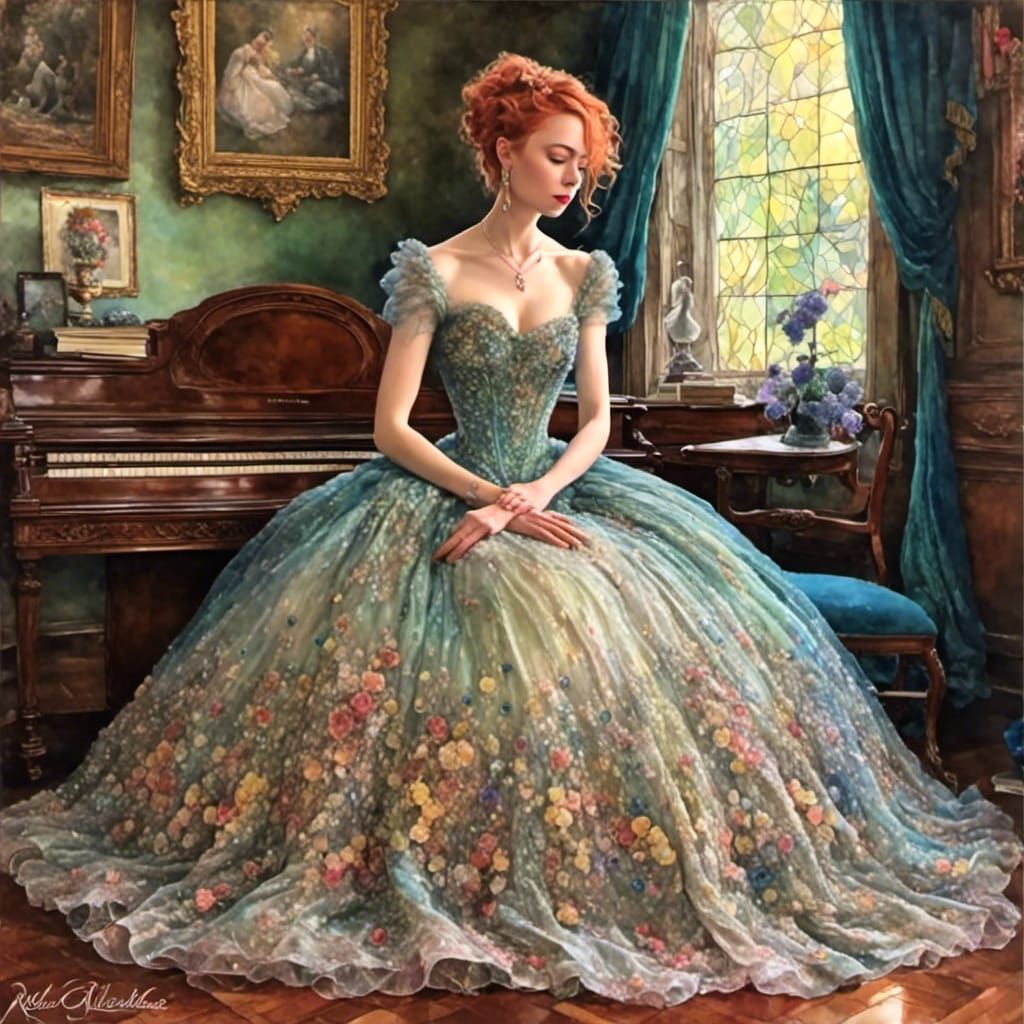 Woman in Ball Gown with Surreal Pink and Teal Tones