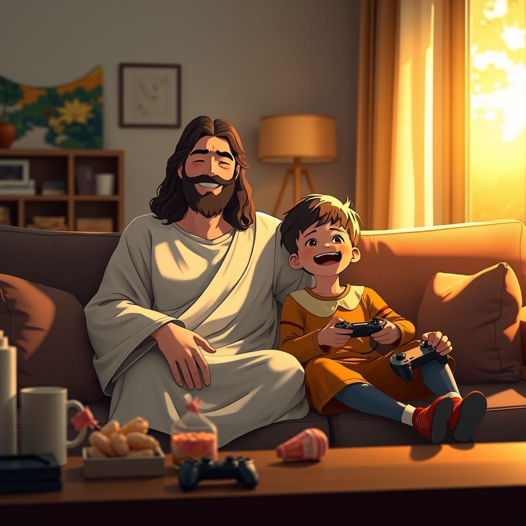 Jesus and a Young Friend Enjoy a Cozy Gaming Session