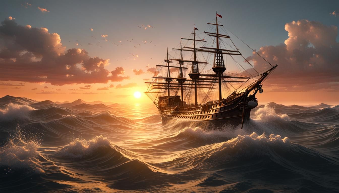 Victorian Ship at Sunset: Photorealistic 8K Rendering