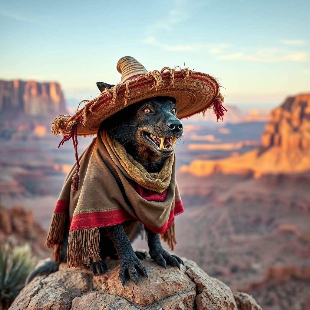 Imagine a regal chupacabra, adorned with a spicy sombrero an...