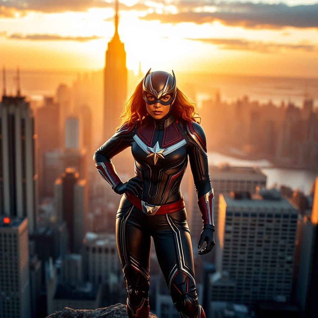 Captain Marvel in Iconic Black and White, Against the Manhat...