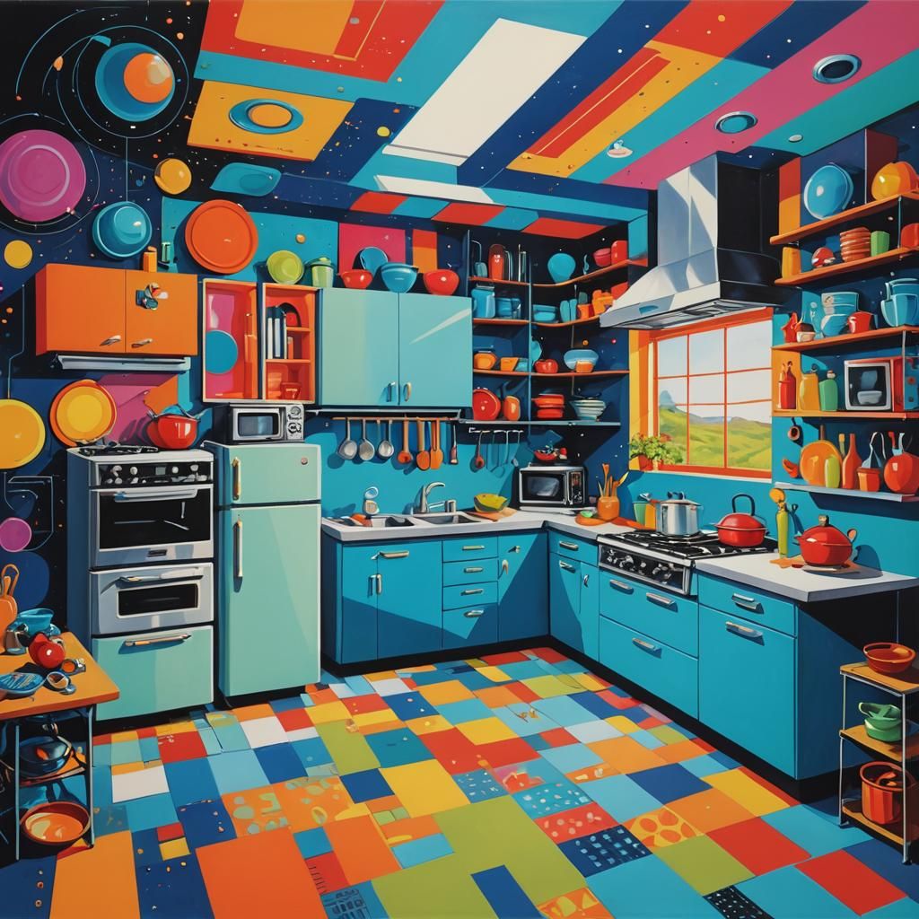 Retrofuturistic Kitchen in Psychedelic Mixed Media Style