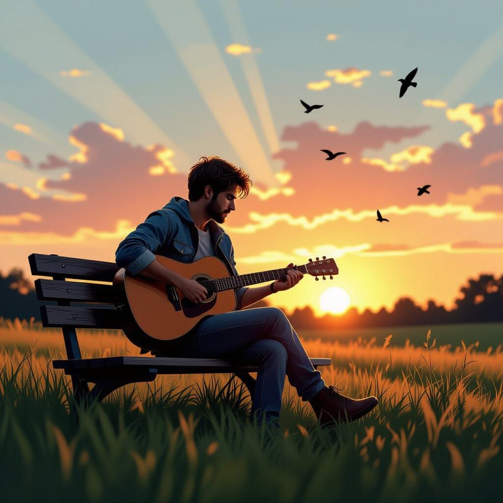 Silhouette of Man Playing Guitar at Sunset