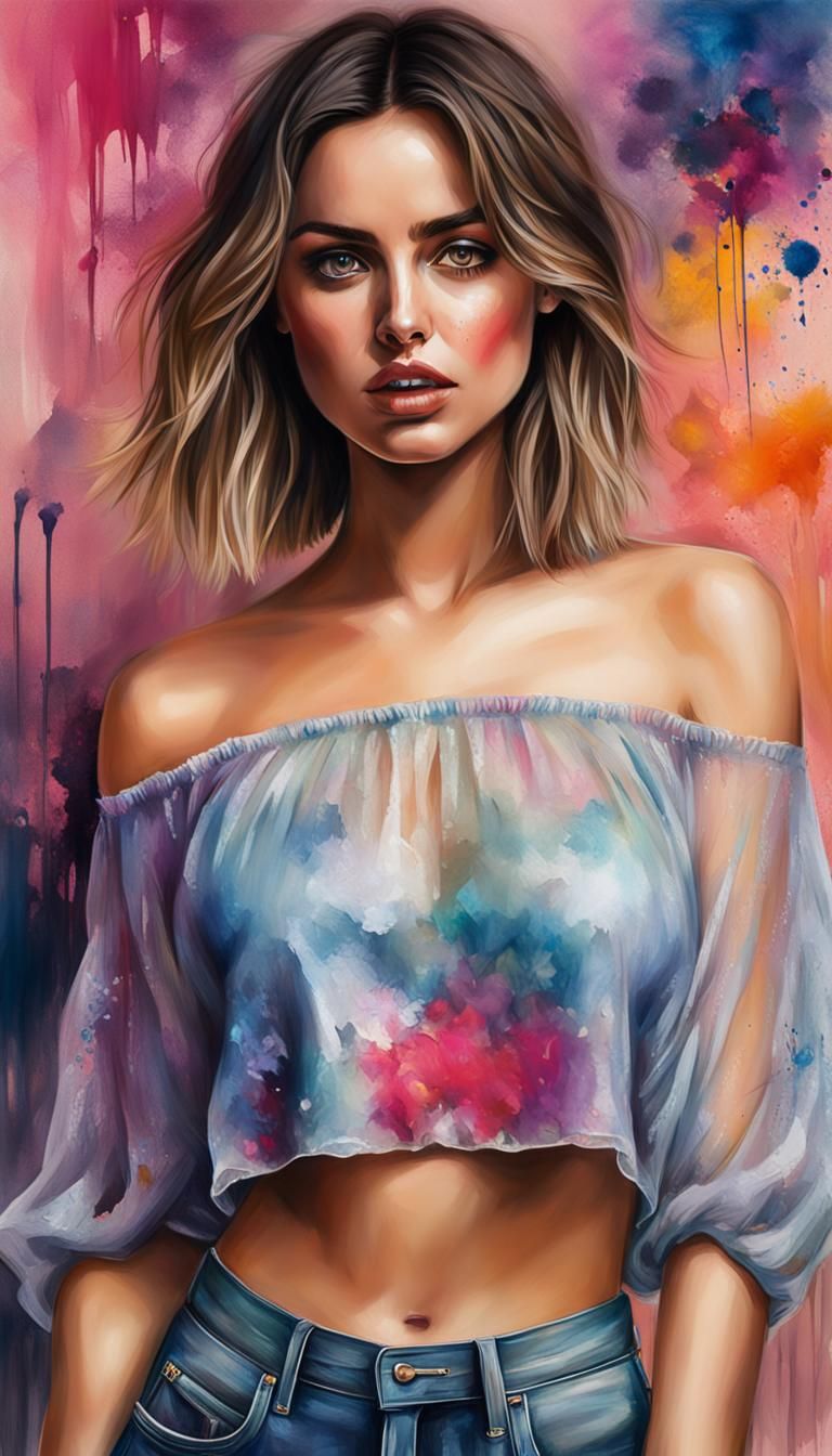 A very beautiful girl, Ana De Armas, 20 years old, A4 size waist, big bosoms, wearing a semi transparent loose crop top,...