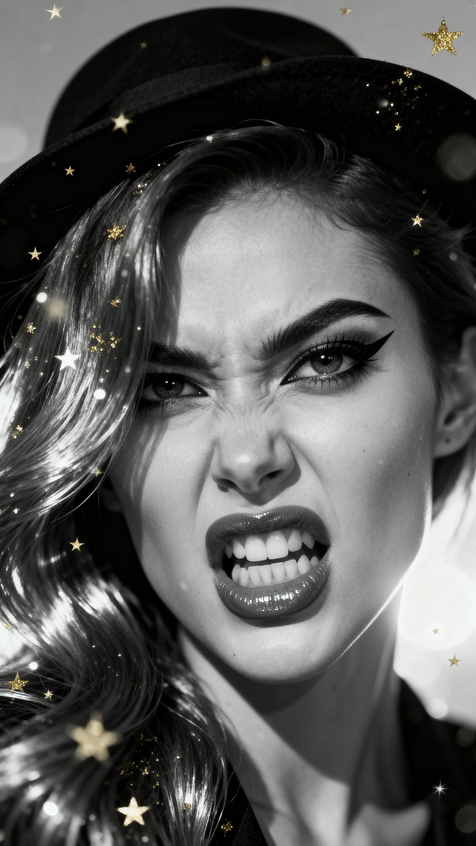 Monochrome Portrait of Woman Snarling with Blazing Eyes