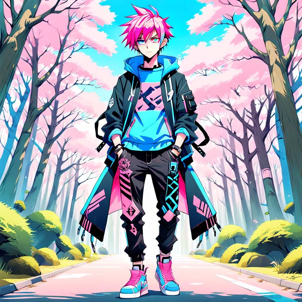 Anime Boy in Punk Fashion with Sakura Elements