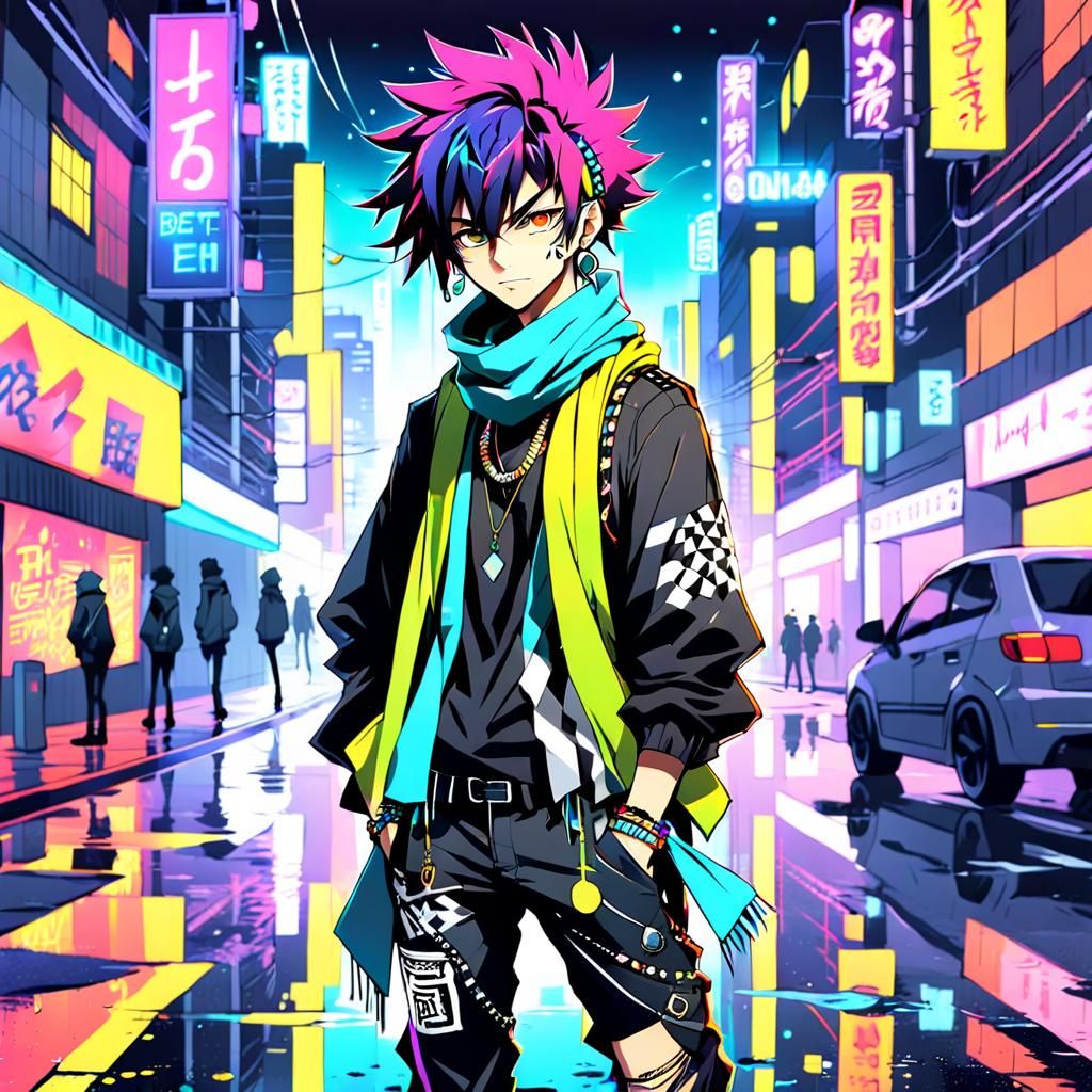 Anime Boy in Neon Cityscape: Japanese Street Fashion