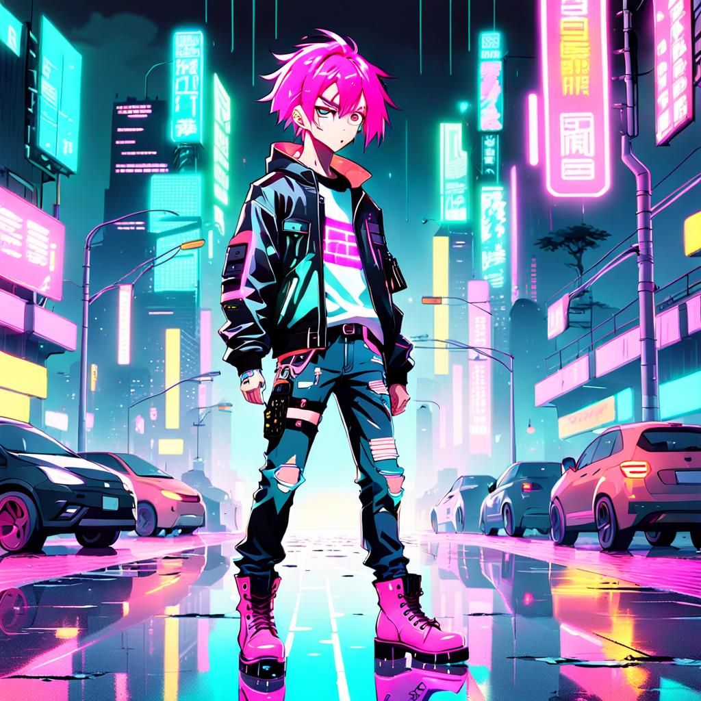 Anime Boy in Retro-Futuristic Punk Style