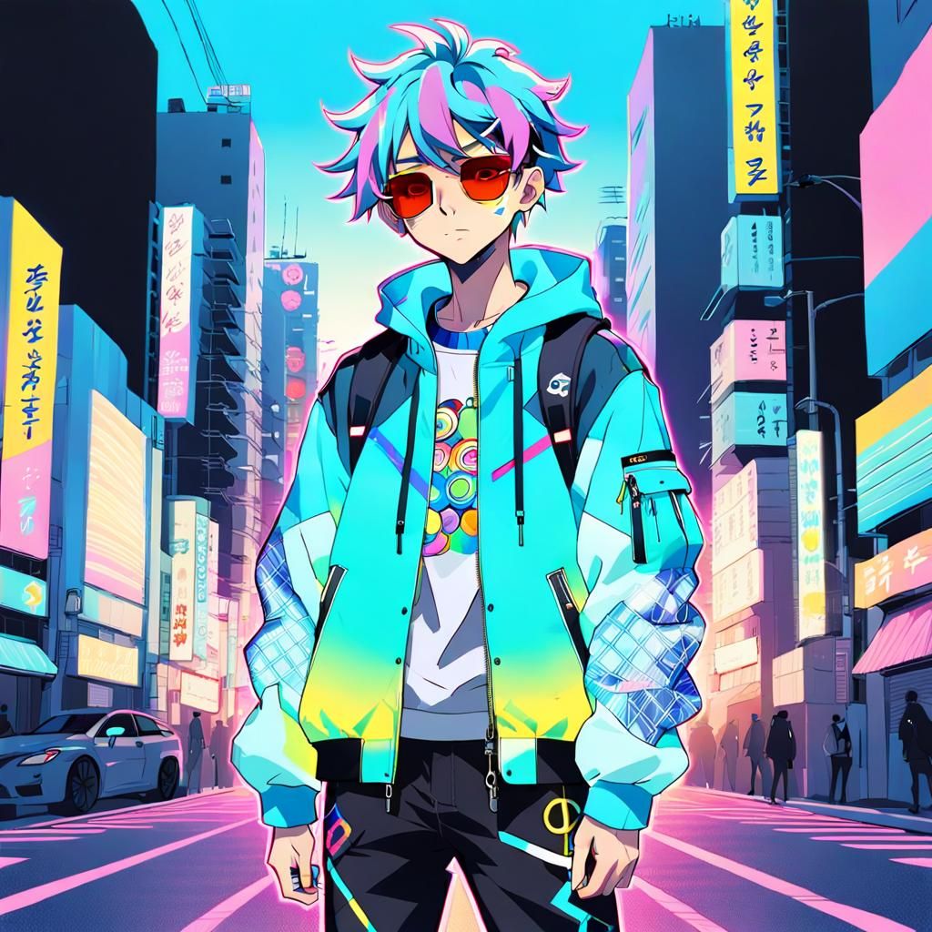 Stylish Anime Boy in City Street, Murakami-Inspired