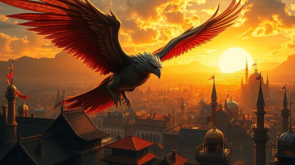 Epic Griffin soars above medieval city in golden sunset