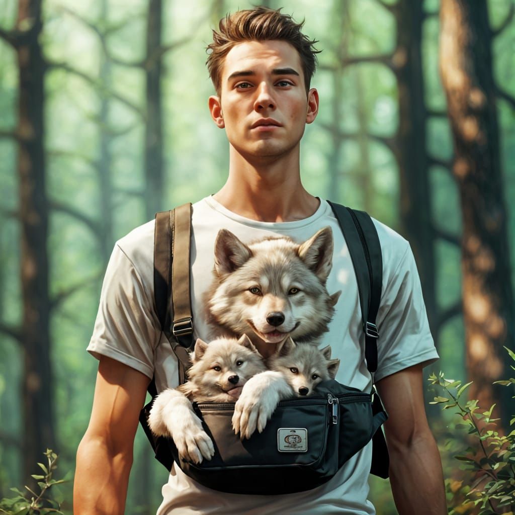 Young Man with Wolf Cubs, Digital Illustration