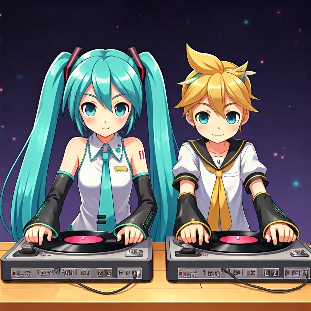 Hatsune Miku and Kagamine Len Spin Turntables in Vibrant Cit...