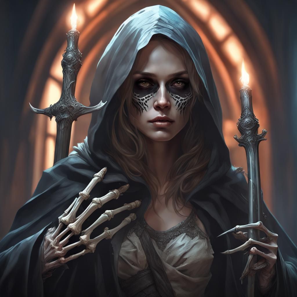Horror Portrait of Woman with Skeleton Hands