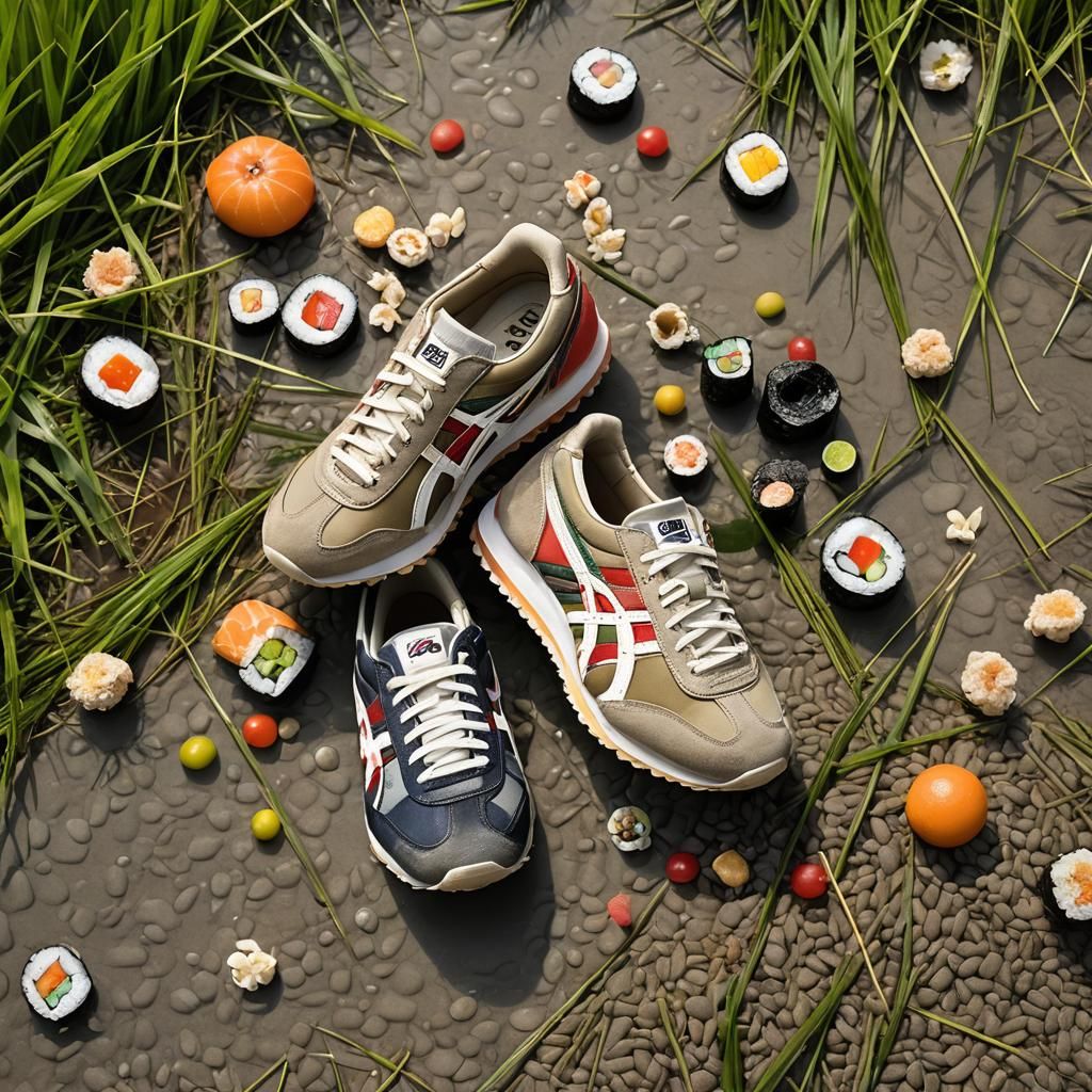 Onitsuka Tiger Sneakers and Sushi in Rice Field