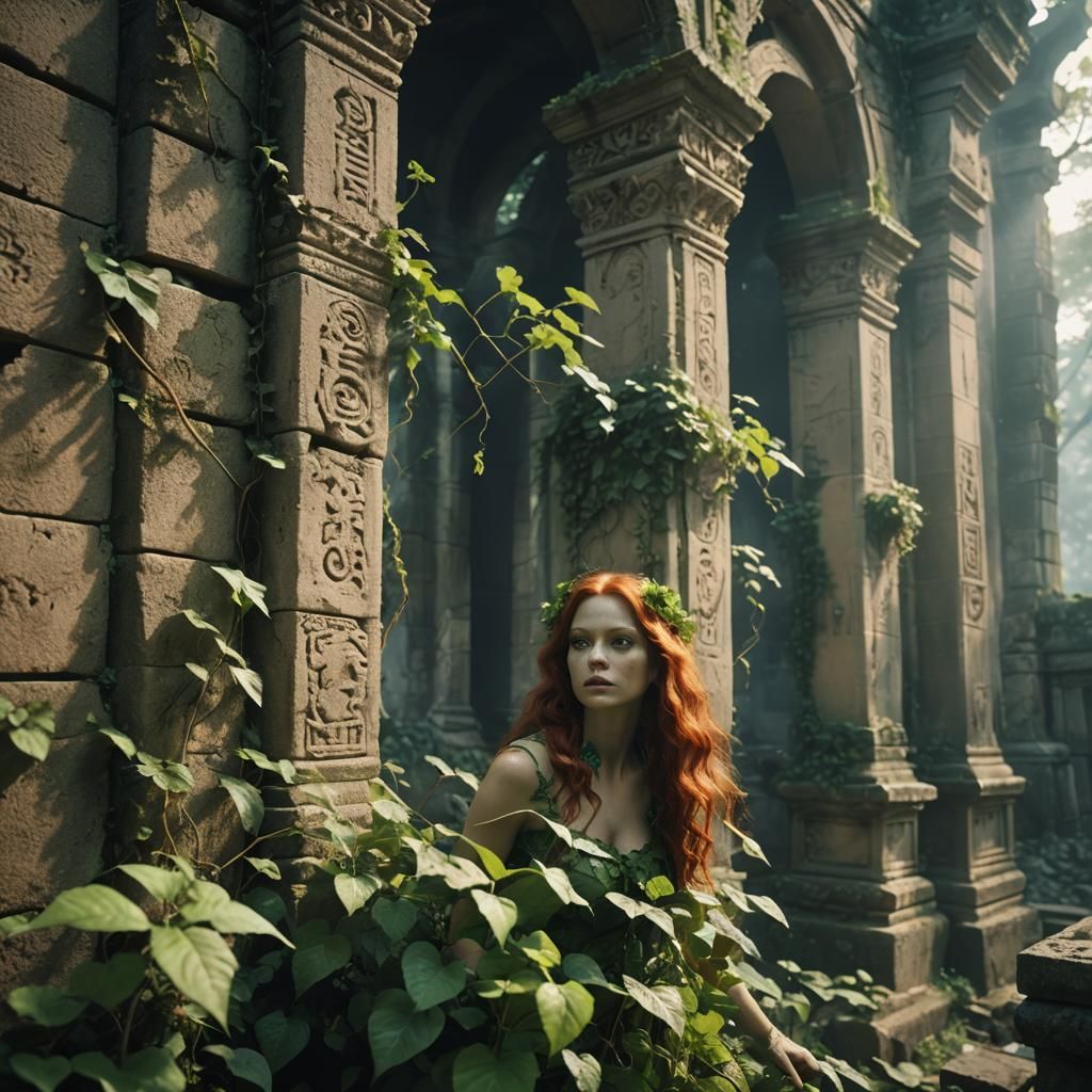 Poison Ivy Adorns Ancient Ruined Temple