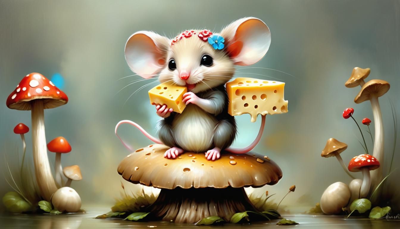 Sweet Kawaii Chibi Mouse on Mushroom, Oil Painting