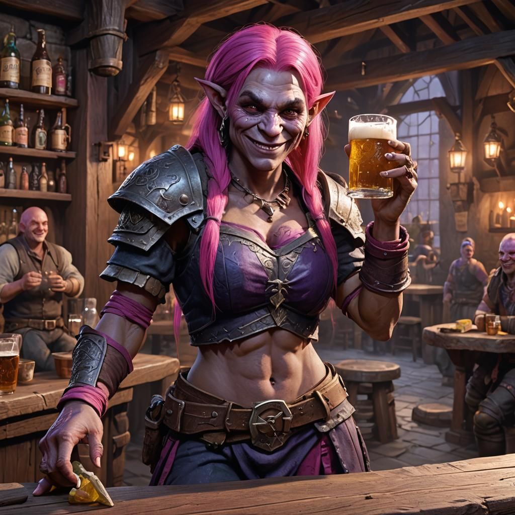 Smiling Pink-Haired Orc Barbarian in Tavern