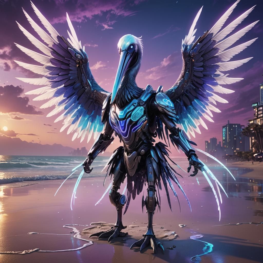 Cyberpunk Pelican Warrior on a Beach