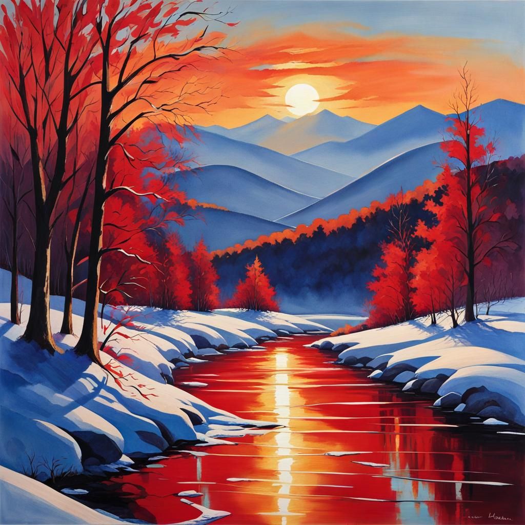 Winter Landscape with Red Sun in Watercolor