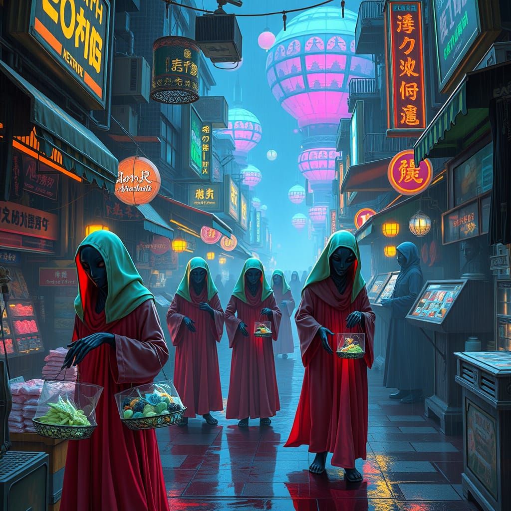 Alien Merchants in Floating Bazaars: Cyberpunk Street Scene