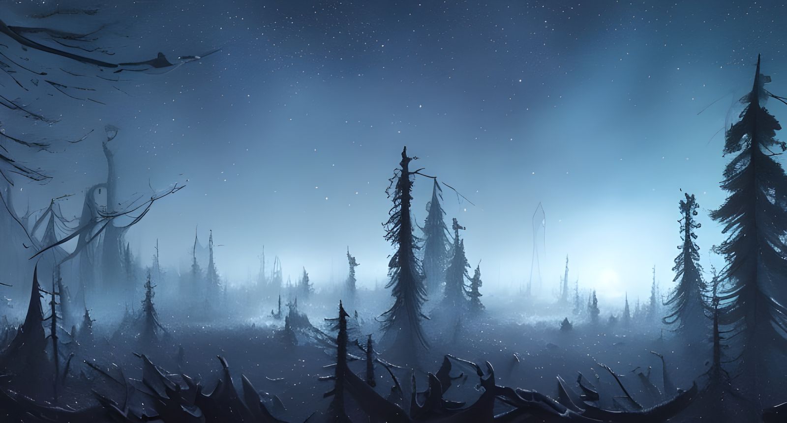 Detailed Night Sky Over Winter Forest in Digital Art