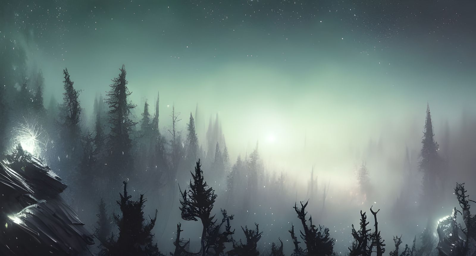 Lovecraftian Night Sky Over Winter Forest in Unreal Engine