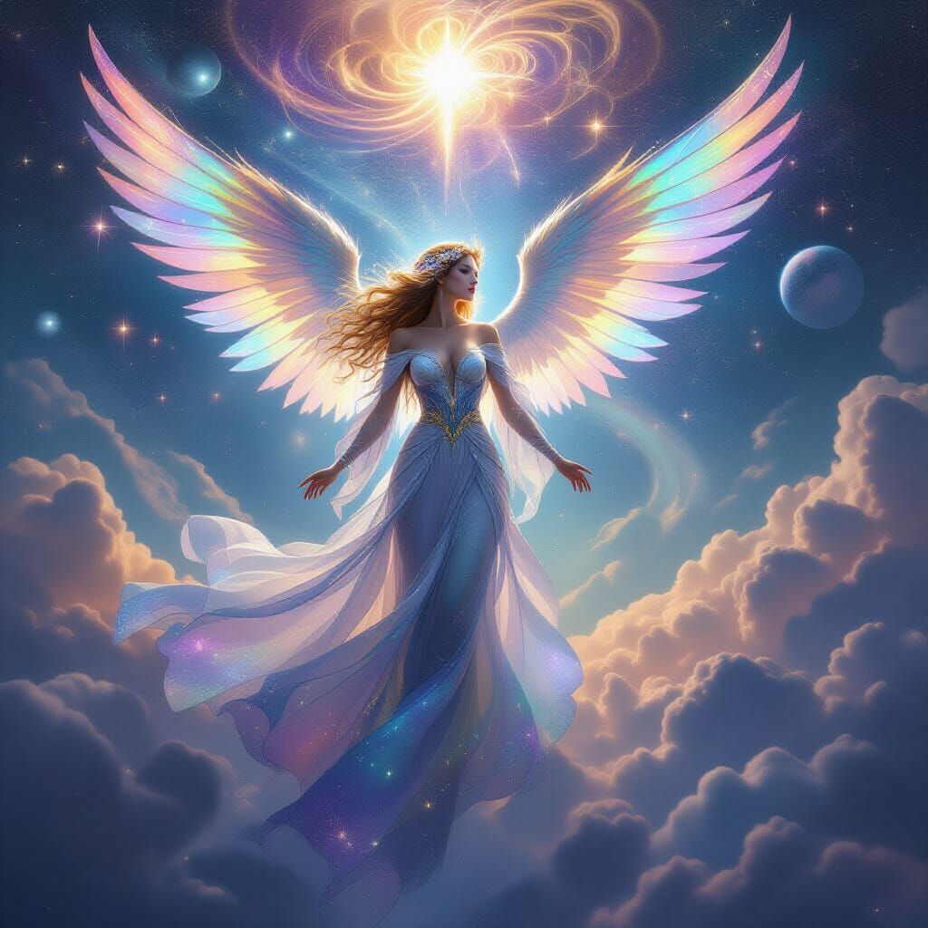 Celestial Being Descending in Cosmic Surrealism Style