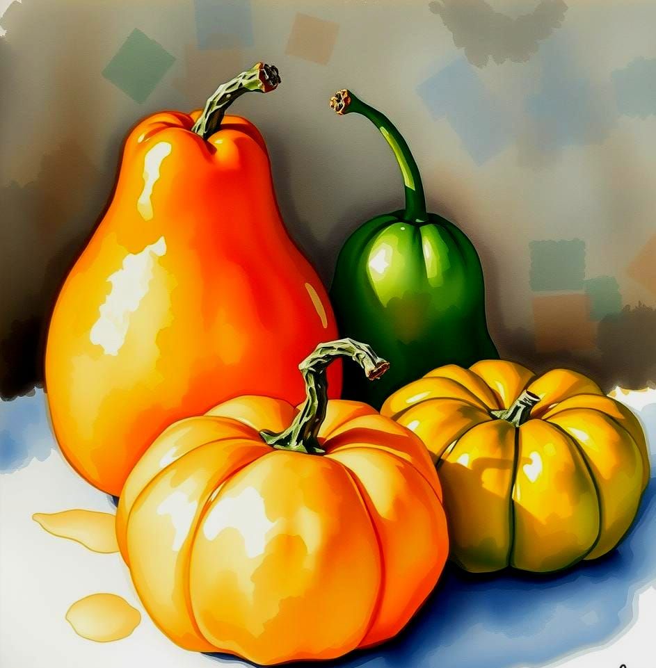 Watercolor Still Life Painting of Colorful Gourds