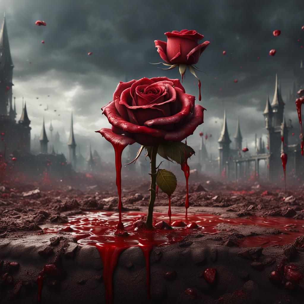 Blood Red Rose Dripping on Blood-Soaked Soil