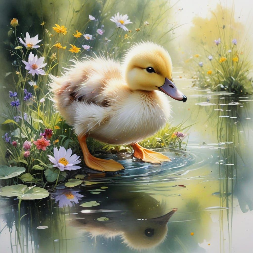 Playful Duckling in Sunlit River Garden Watercolour