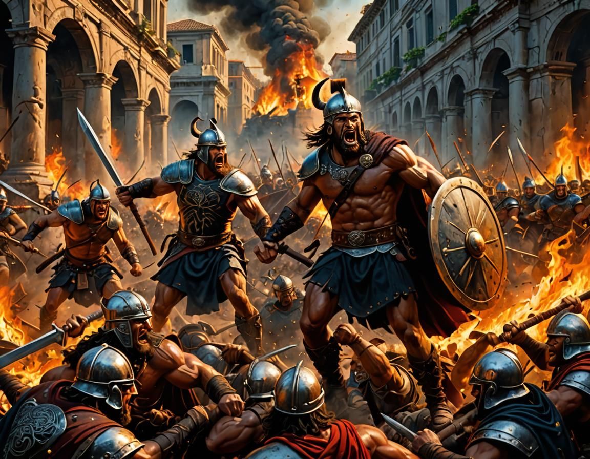 Barbarian Warriors Clash in Burning Rome: Epic Digital Art