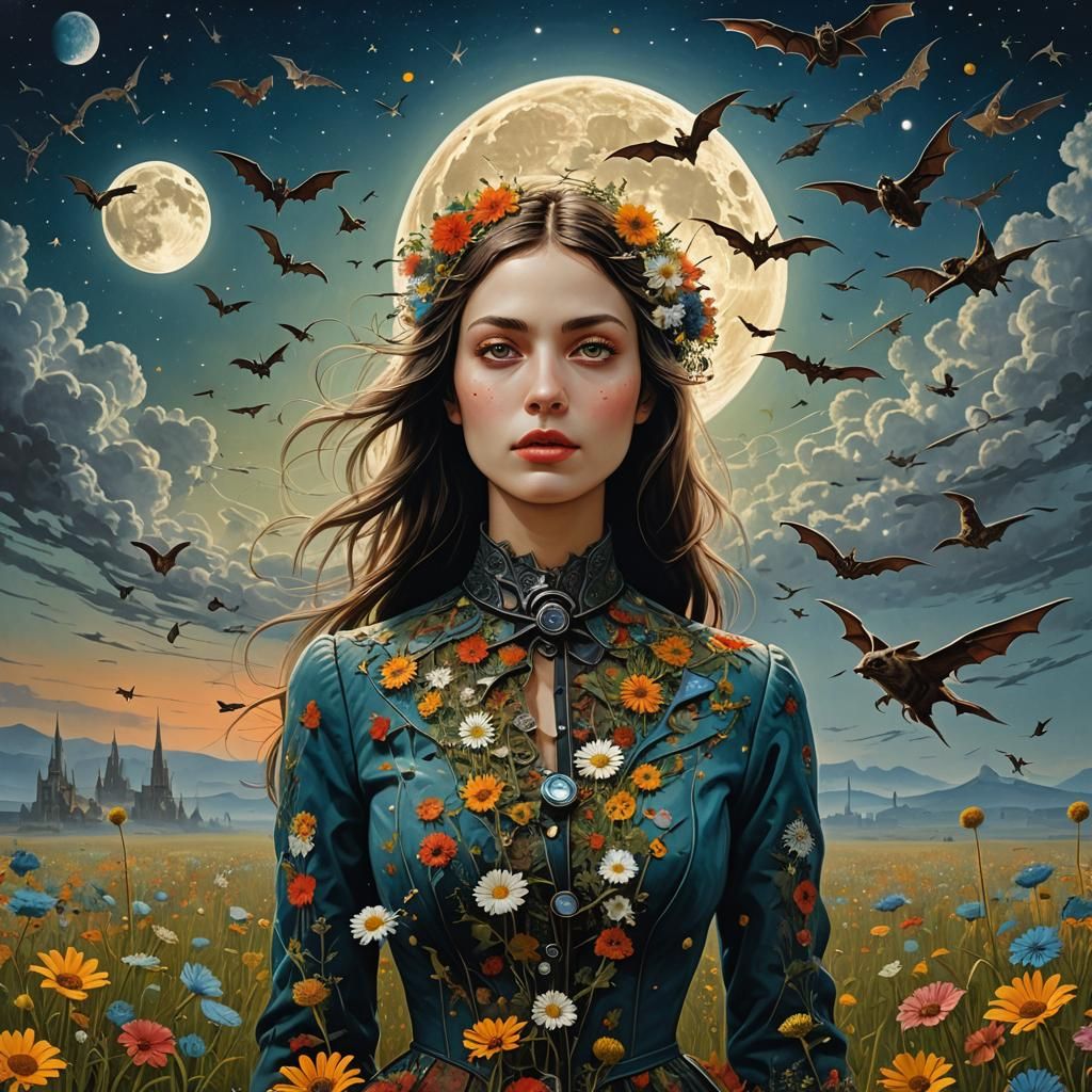 Surreal Flowery Meadow with Falling Plane