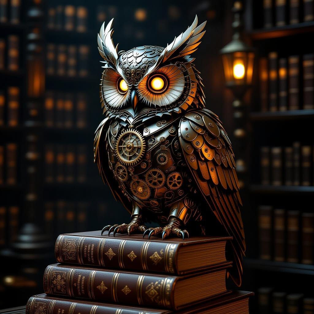 Steampunk Clockwork Owl on Books in Victorian Library