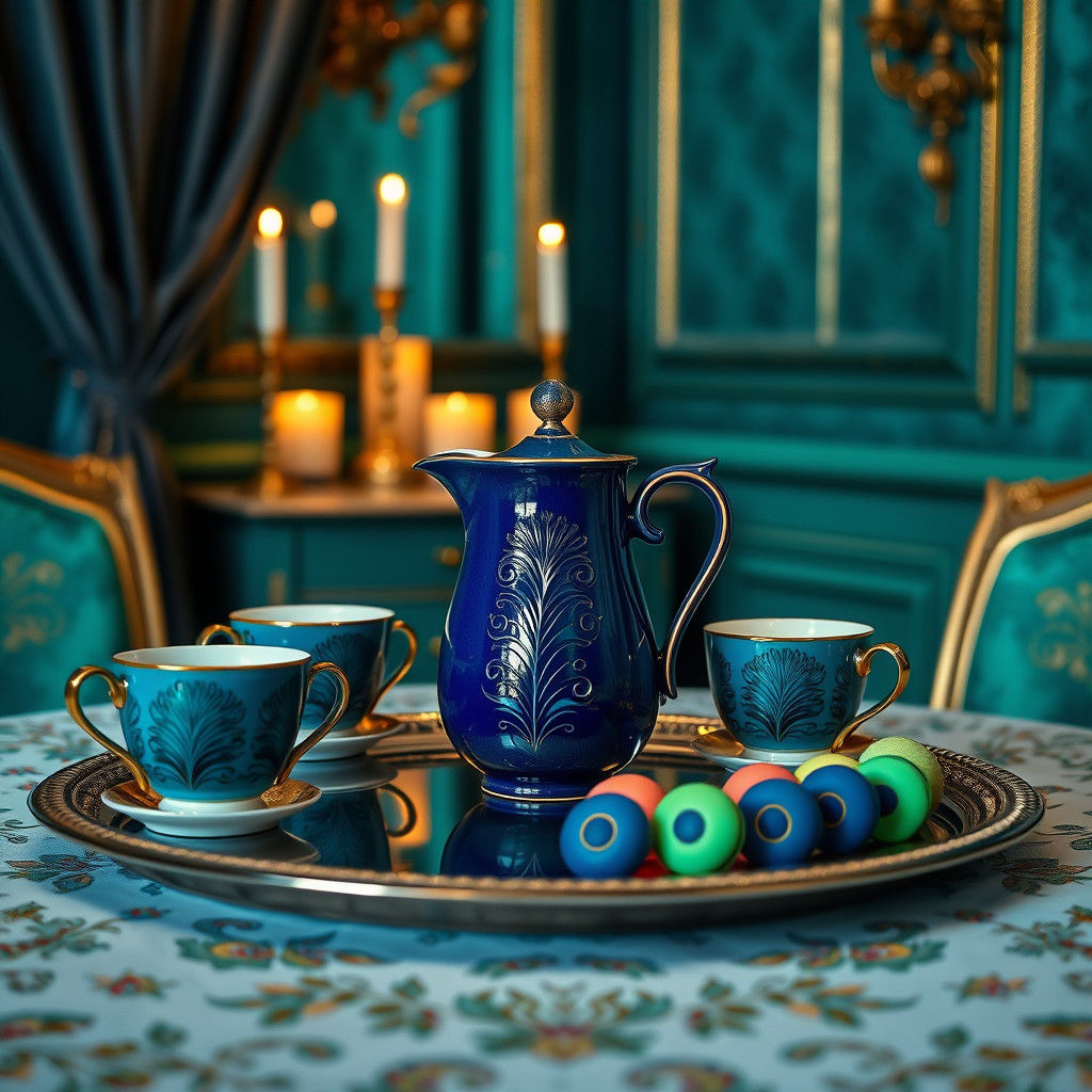 Peacock-Colored Tea Room in Hyperrealistic Style