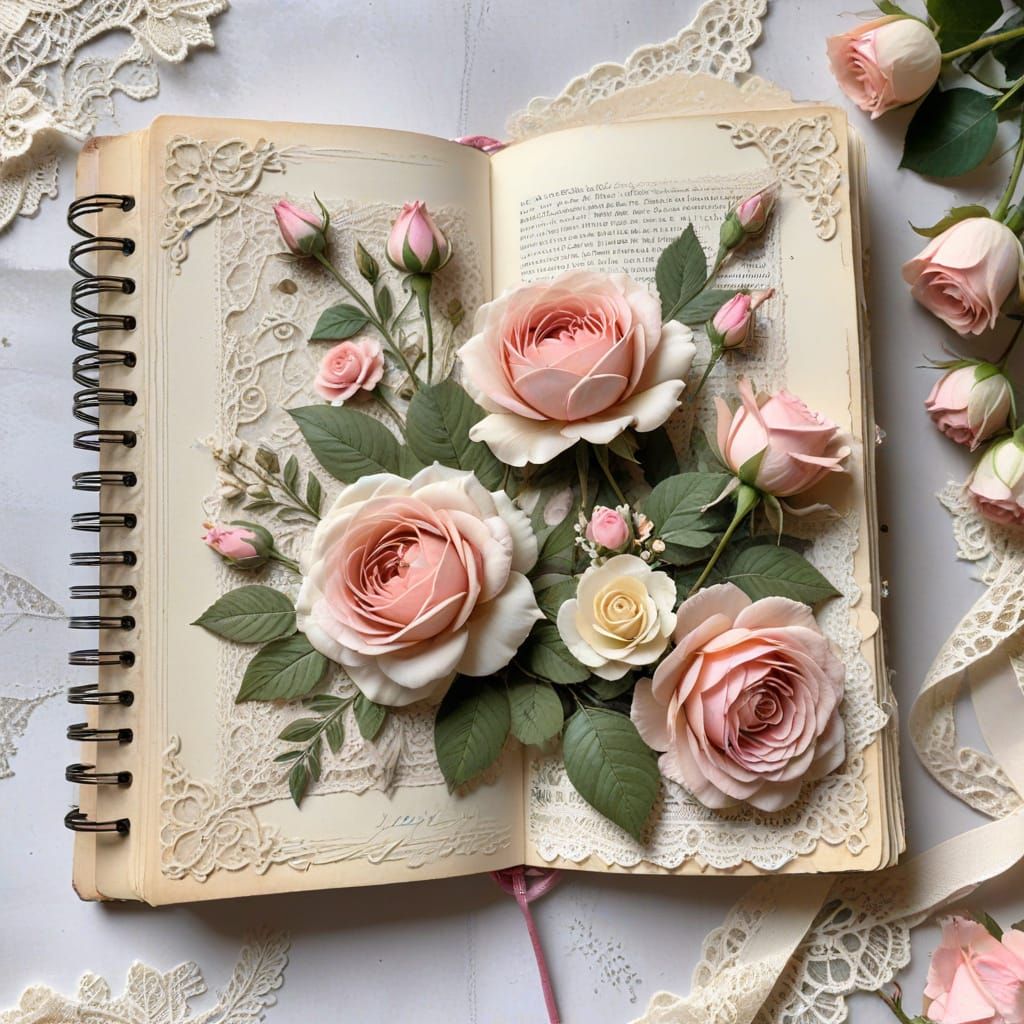 Romantic Rose Floral Junk Journal Illustration with Lace