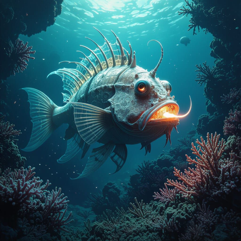 Intricate Clockwork Anglerfish in Deep Sea Trench
