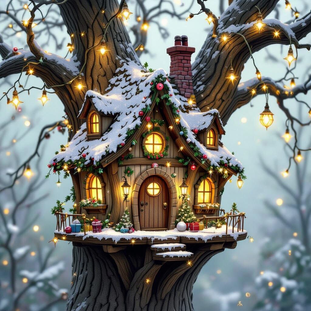 Whimsical Christmas Fairy Treehouse Adorned with Lights and ...