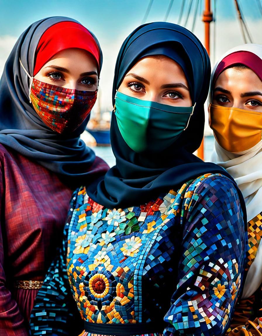 Oil Painting of Women in Hijabs with Mosaic Dresses