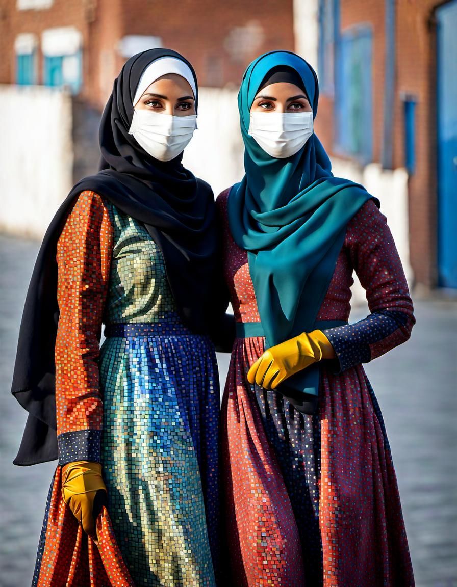 Hijabi Women in Mosaic Dresses: An Oil Painting
