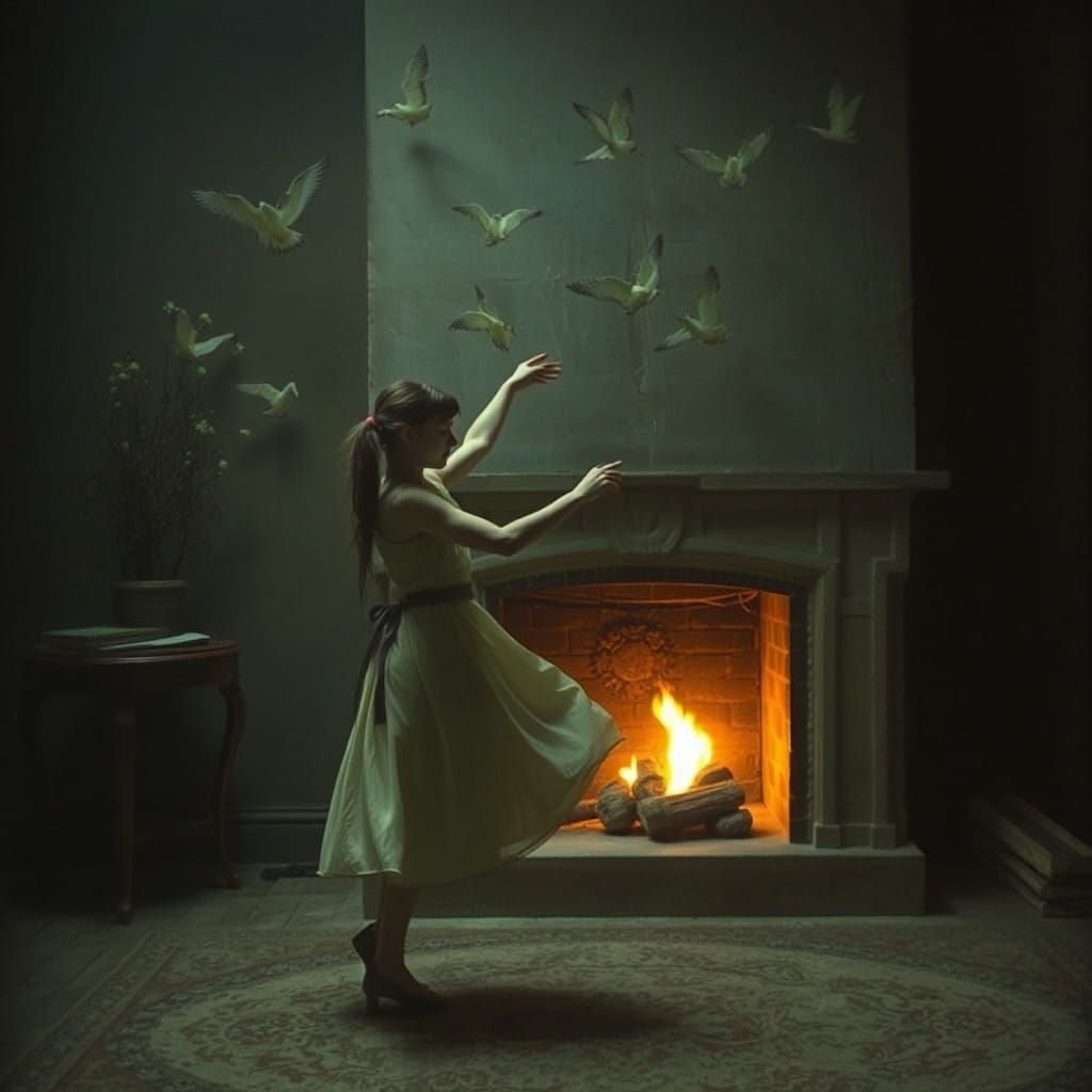Girl Dancing in a Haunted Stillroom at Night