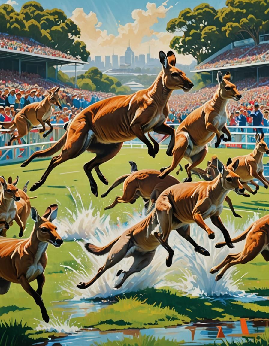 Kangaroos Compete in Olympic Steeplechase Painting