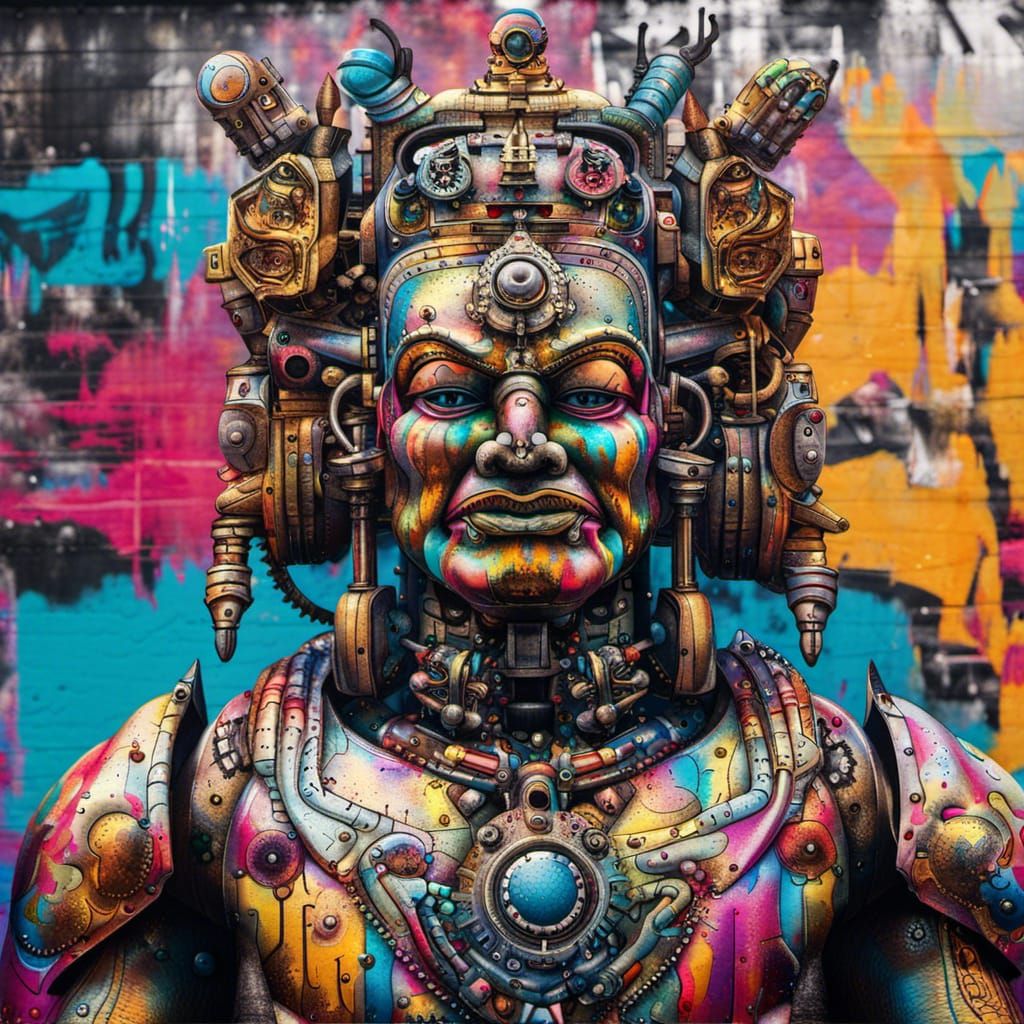 Robotic Mahabali King with Metallic Skin in Graffiti Art