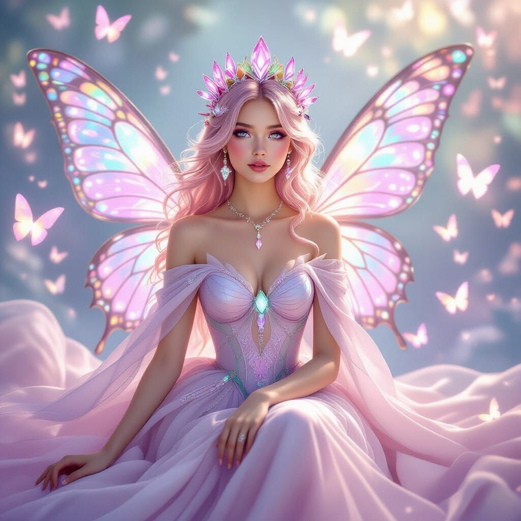 Butterfly Princess with Glowing Gem Gown, Hyperrealistic Ill...