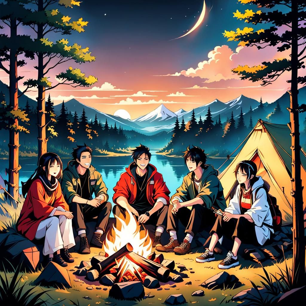 Friends Laughing Around Campfire in Anime Style