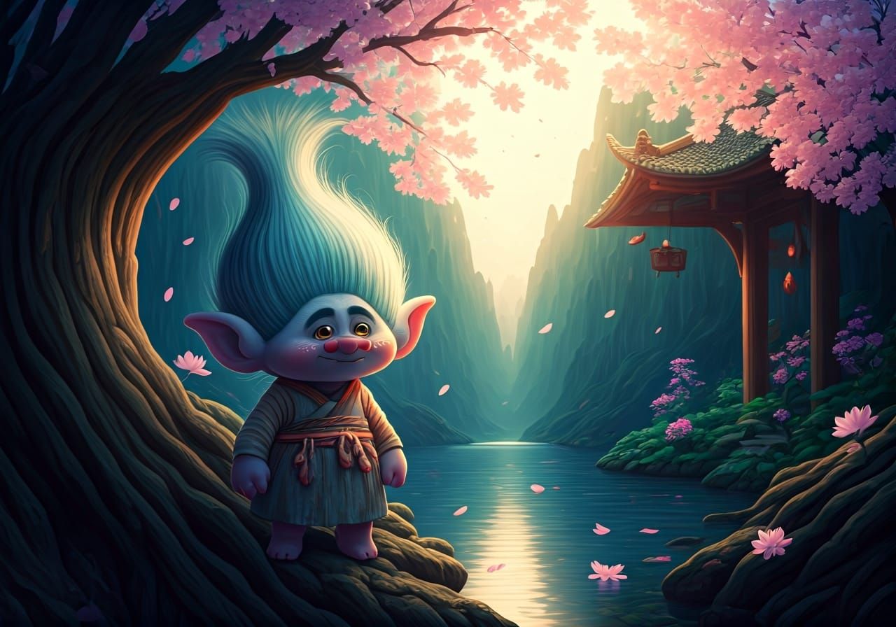 Magical Sakura Landscape with Whimsical Japanese Trolls